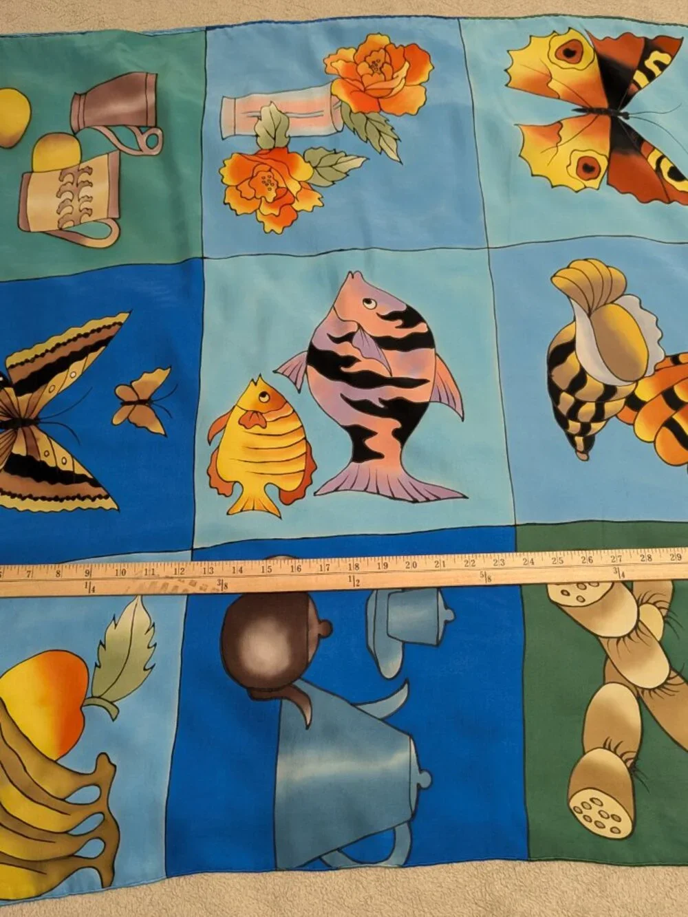 Vintage Hand Painted Silk Scarf 33x36 Abstract Butterfly Fish Floral 100% Silk